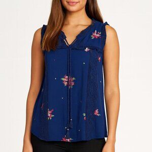 Pale Sky Women’s Sleeveless Floral Lace Trim Blouse Size Medium Navy Blue